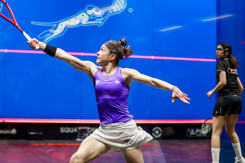 US squash professional Sabrina Sobhy playing Amina Orfi at Squash on Fire Open