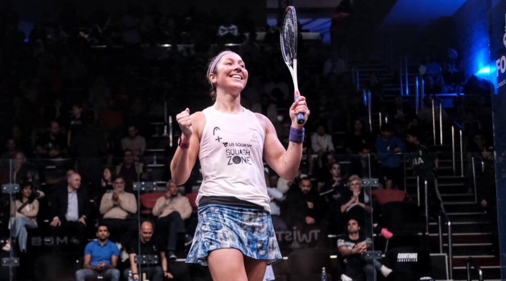 US squash pro Amanda Sobhy pictured at 2023 Black Ball Open